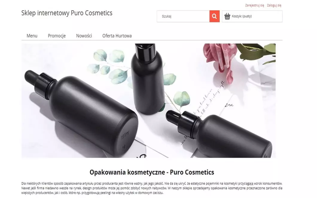 Zrzut ekranu strony Opakowania kosmetyczne - Puro Cosmetics