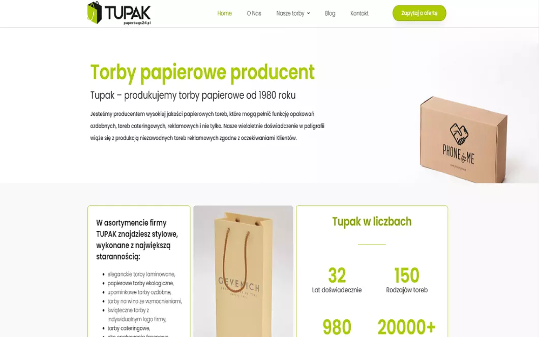 Zrzut ekranu strony Producent toreb papierowych i laminowanych | Tupak