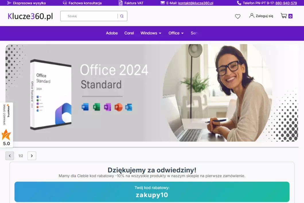 Zrzut ekranu strony Klucze360.pl - klucze aktywacyjne