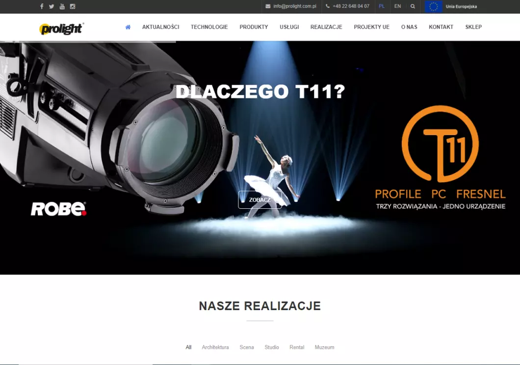 Zrzut ekranu strony Oświetlenie sceniczne | Prolight
