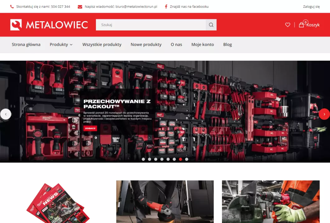 Zrzut ekranu strony Sklep Metalowiec Toruń - dystrybutor narzędzi Milwaukee