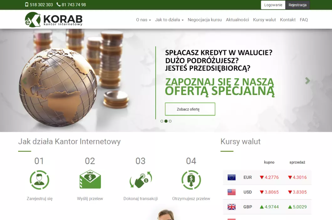 Zrzut ekranu strony Internetowy kantor wymiany walut eKantorKorab.pl