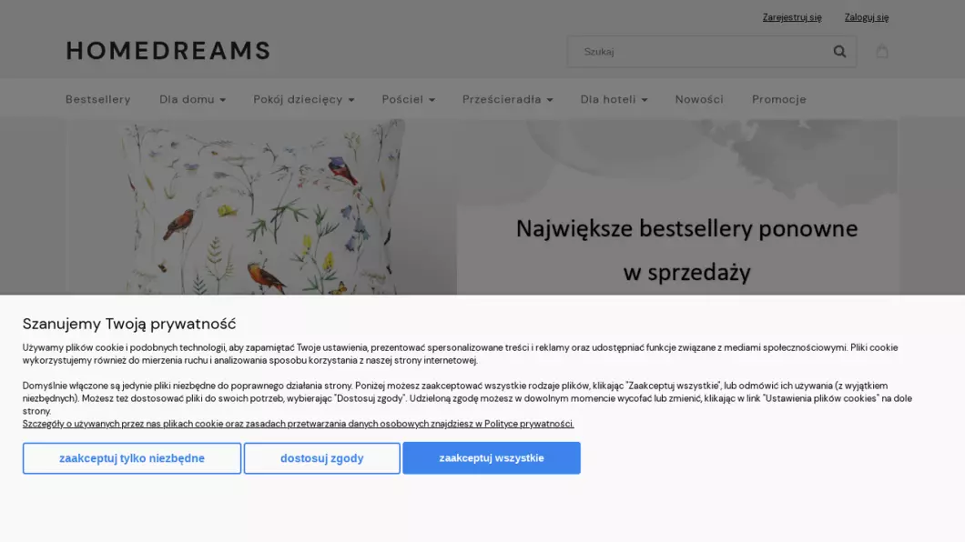 Zrzut ekranu strony Tekstylia domowe | Sklep internetowy Homedreams